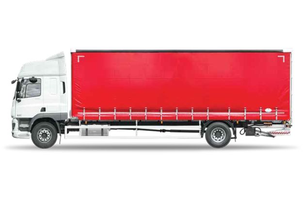 A white Super Awan Transport trailer with a red curtain side is parked on a paved lot. The trailer has a metal top and rear doors for loading and unloading cargo.